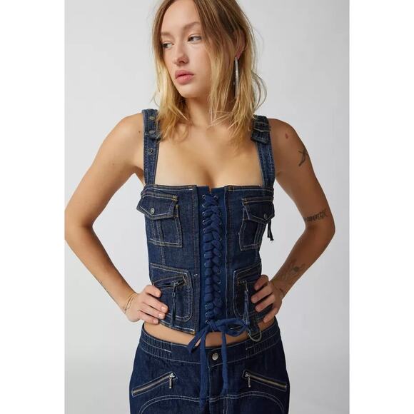 NWOT Jaded London Denim Corset Top Lace-Up Utility Pocket Y2K Jean Bustier US 6 - Picture 9 of 16